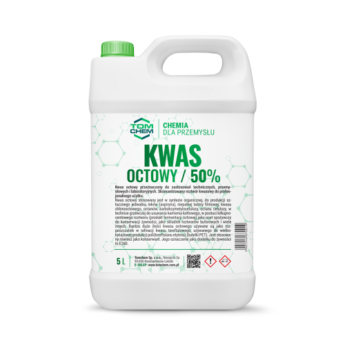 Kwas octowy 50% 5 litrów. Przeznaczony do zastosowań technicznych, przemysłowych i laboratoryjnych. Skoncentrowany roztwór kwasowy do profesjonalnego użytku.
