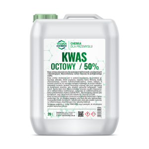 Kwas octowy 50% 20 litrów / kanister. Przeznaczony do zastosowań technicznych, przemysłowych i laboratoryjnych. Skoncentrowany roztwór kwasowy do profesjonalnego użytku.