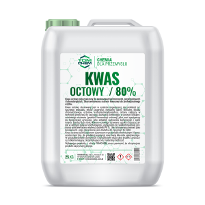 Kwas octowy 80% 25 kg. Przeznaczony do zastosowań technicznych, przemysłowych i laboratoryjnych. Skoncentrowany roztwór kwasowy do profesjonalnego użytku.