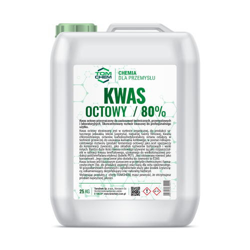 Kwas octowy 80% 25 kg. Przeznaczony do zastosowań technicznych, przemysłowych i laboratoryjnych. Skoncentrowany roztwór kwasowy do profesjonalnego użytku.
