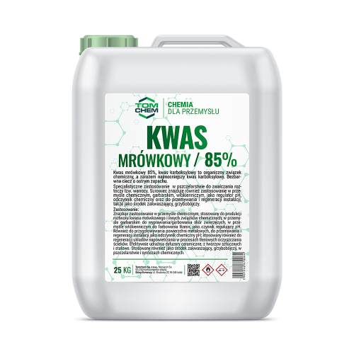Kwas mrówkowy 85%, kwas karboksylowy to organiczny związek chemiczny, a zarazem najmocniejszy kwas karboksylowy. Bezbarwna ciecz o ostrym zapachu.