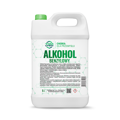 Alkohol benzylowy 5 litrów – uniwersalny rozpuszczalnik i składnik pomocniczy. Produkt o szerokim wachlarzu zastosowań w przemyśle, warsztacie, rzemiośle.