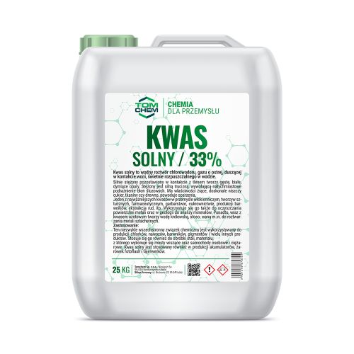 Kwas solny 25 kg / wszechstronny związek chemiczny jest wykorzystywany do produkcji chlorków, nawozów, barwników, pigmentów i wielu innych produktów.