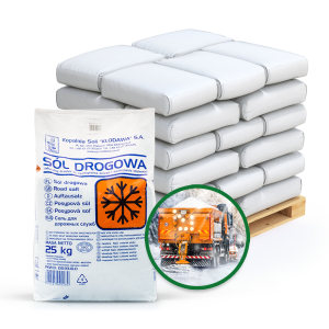 Sól drogowa z kopalni Kłodawa 1000 kg / paleta - najwyższej jakości idealna do walki z oblodzeniem i śliskimi warunkami na drogach i chodnikach.