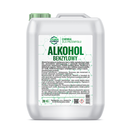 Alkohol benzylowy 20 kg / kanister – uniwersalny rozpuszczalnik i składnik pomocniczy. Produkt o szerokim wachlarzu zastosowań w przemyśle, warsztacie, rzemiośle.