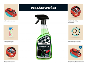 ProElite / General GT | Uniwersalny płyn APC do samochodu. Niezawodny środek do czyszczenia powierzchni wewnątrz samochodu. Świetnie nadaje się do czyszczenia kokpitu, tapicerki, tworzyw sztucznych, plastików.